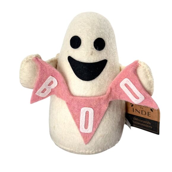 Halloween Felt Happy Ghost Pink BOO Banner 8" Weighted Greeter Sitter Decor NEW - Picture 2 of 10